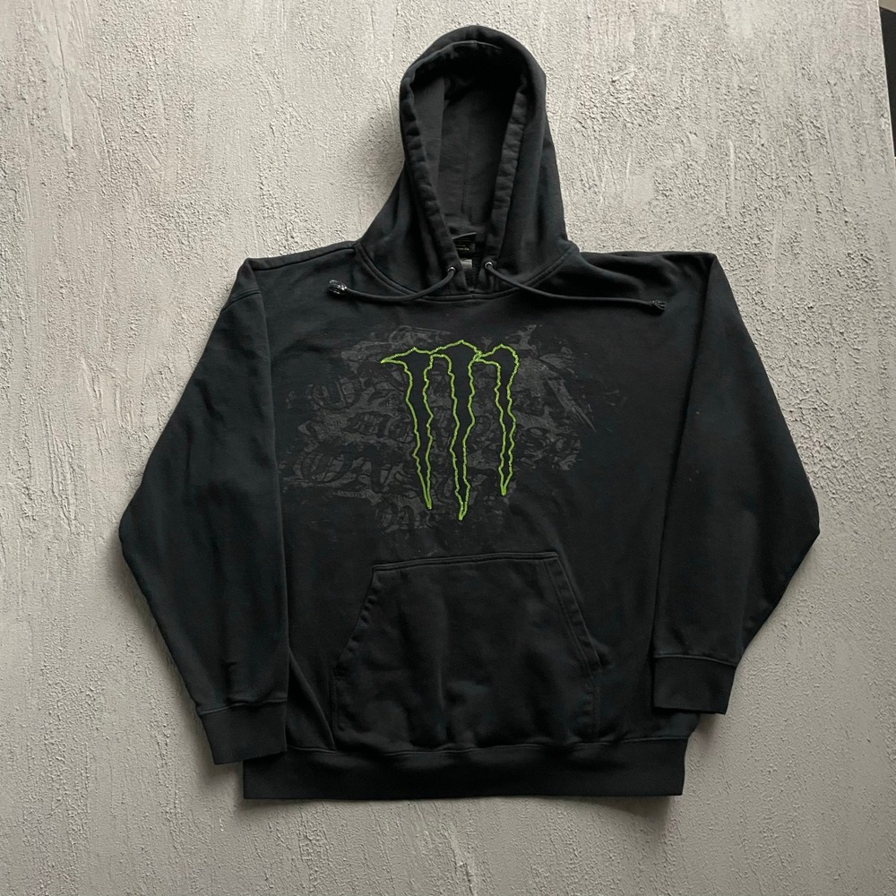 Vintage Monster Energy Logo Hoodie Mens XL Black Y2K Monster Energy